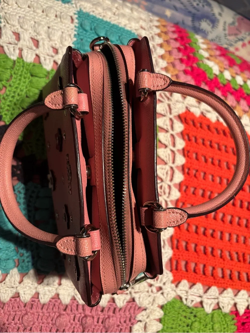 Coach Pink Floral Appliqué Satchel with Red & Cream Accents